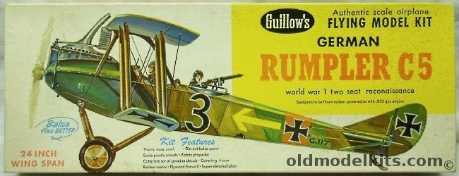 Guillows Rumpler C5 - 24 inch Wingspan R/C / Gas Free Flight / Rubber Powered Flying Aeroplane - (CV), 206 plastic model kit